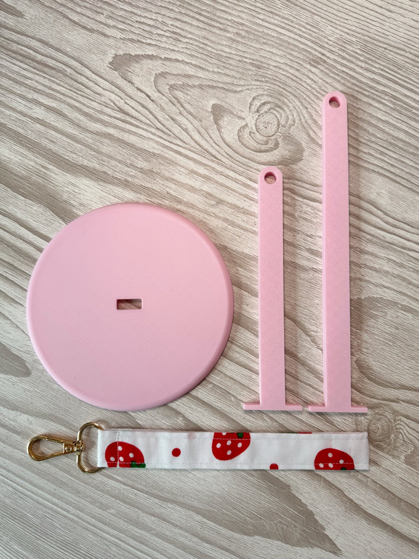 Pink Yarn Spinner with Strawberry Wristlet