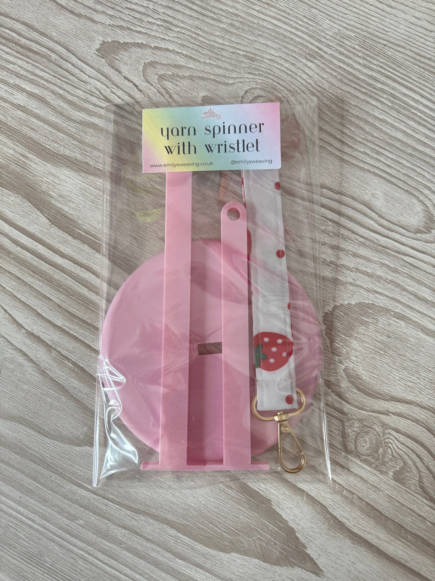 Pink Yarn Spinner with Strawberry Wristlet