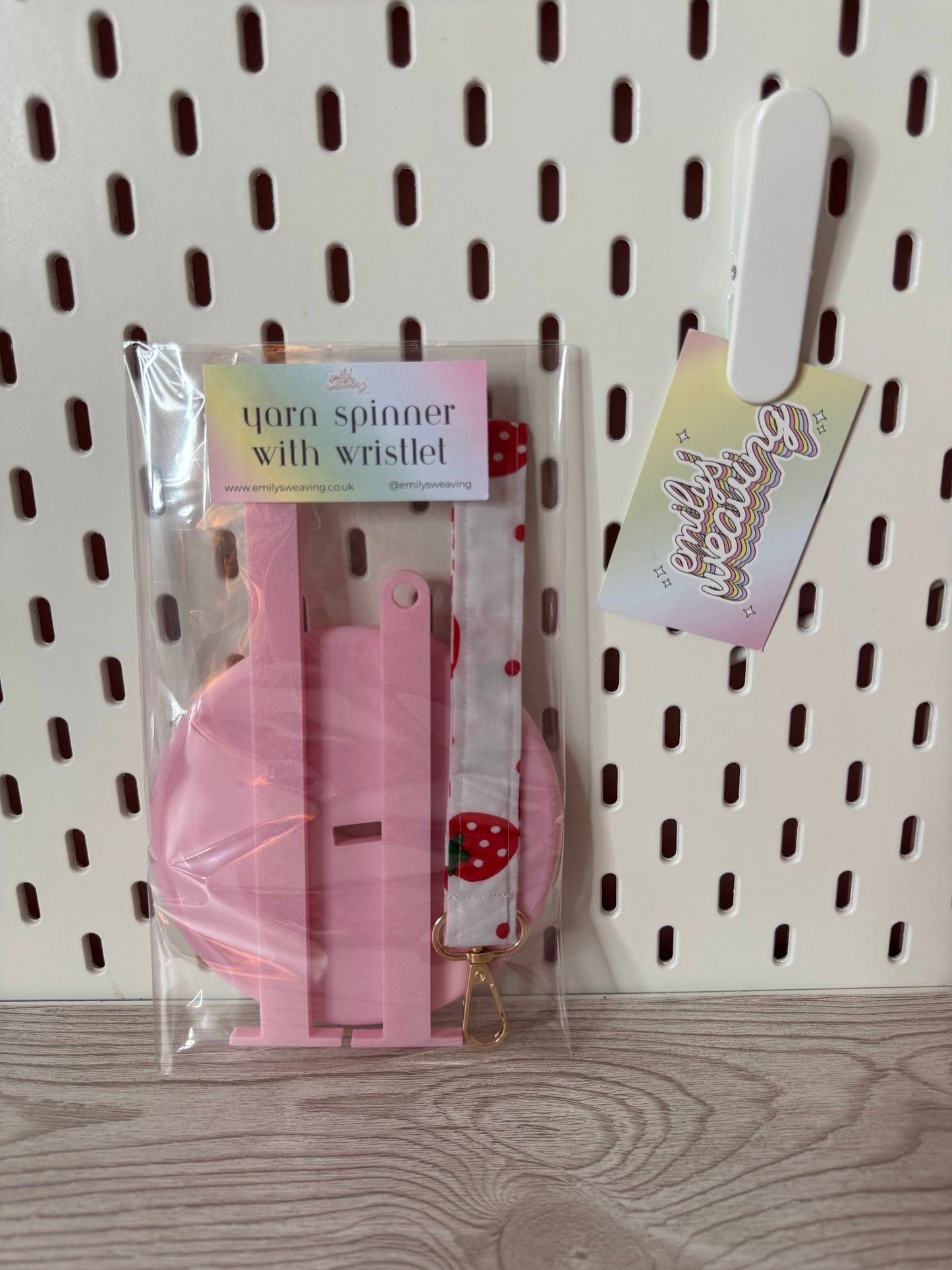 Pink Yarn Spinner with Strawberry Wristlet