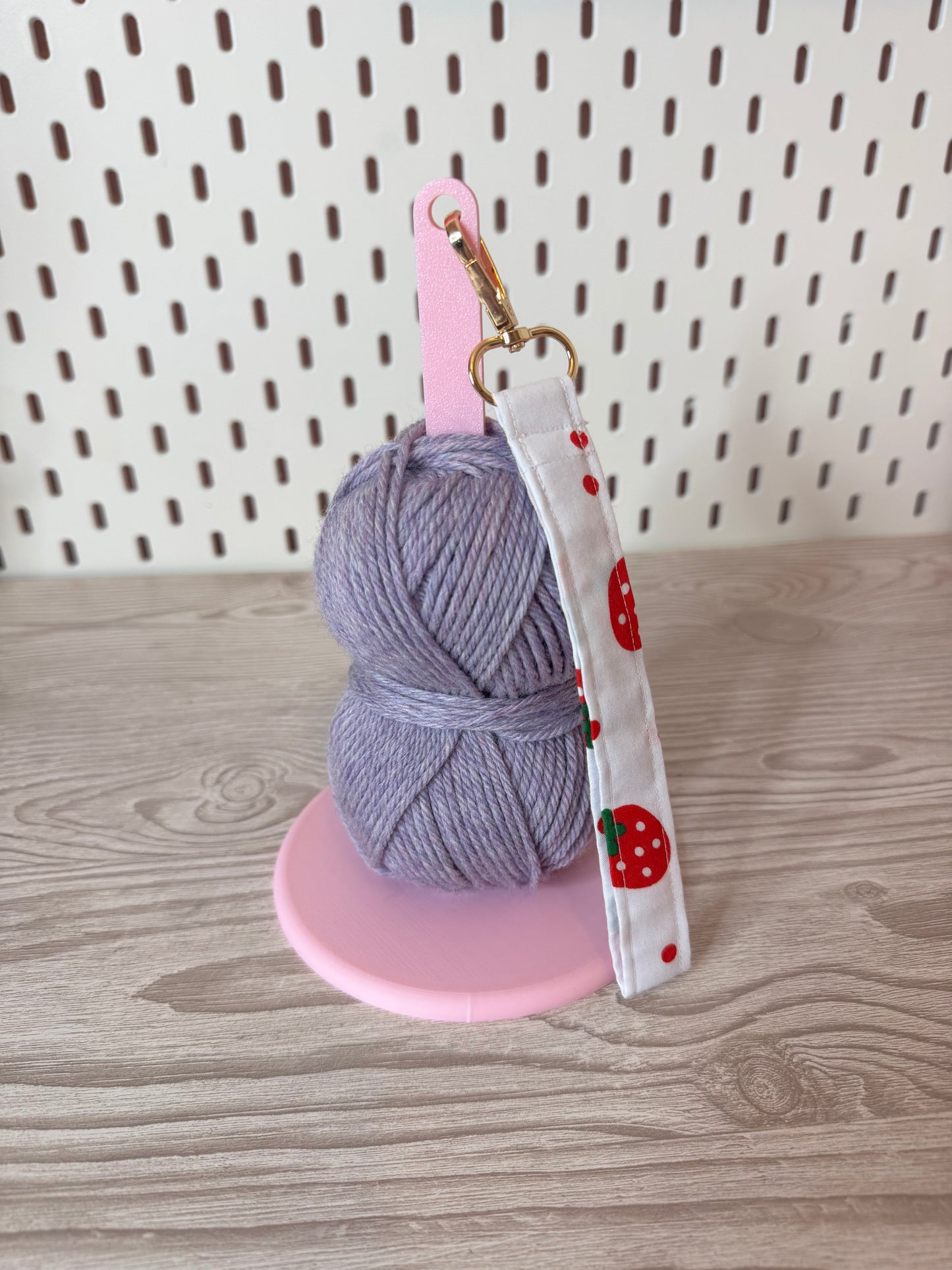 Pink Yarn Spinner with Strawberry Wristlet